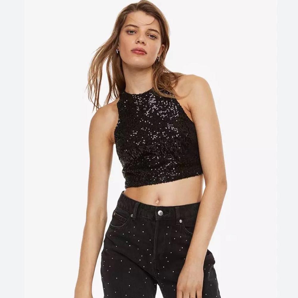 NWT H&M Black Sequin Crop Top